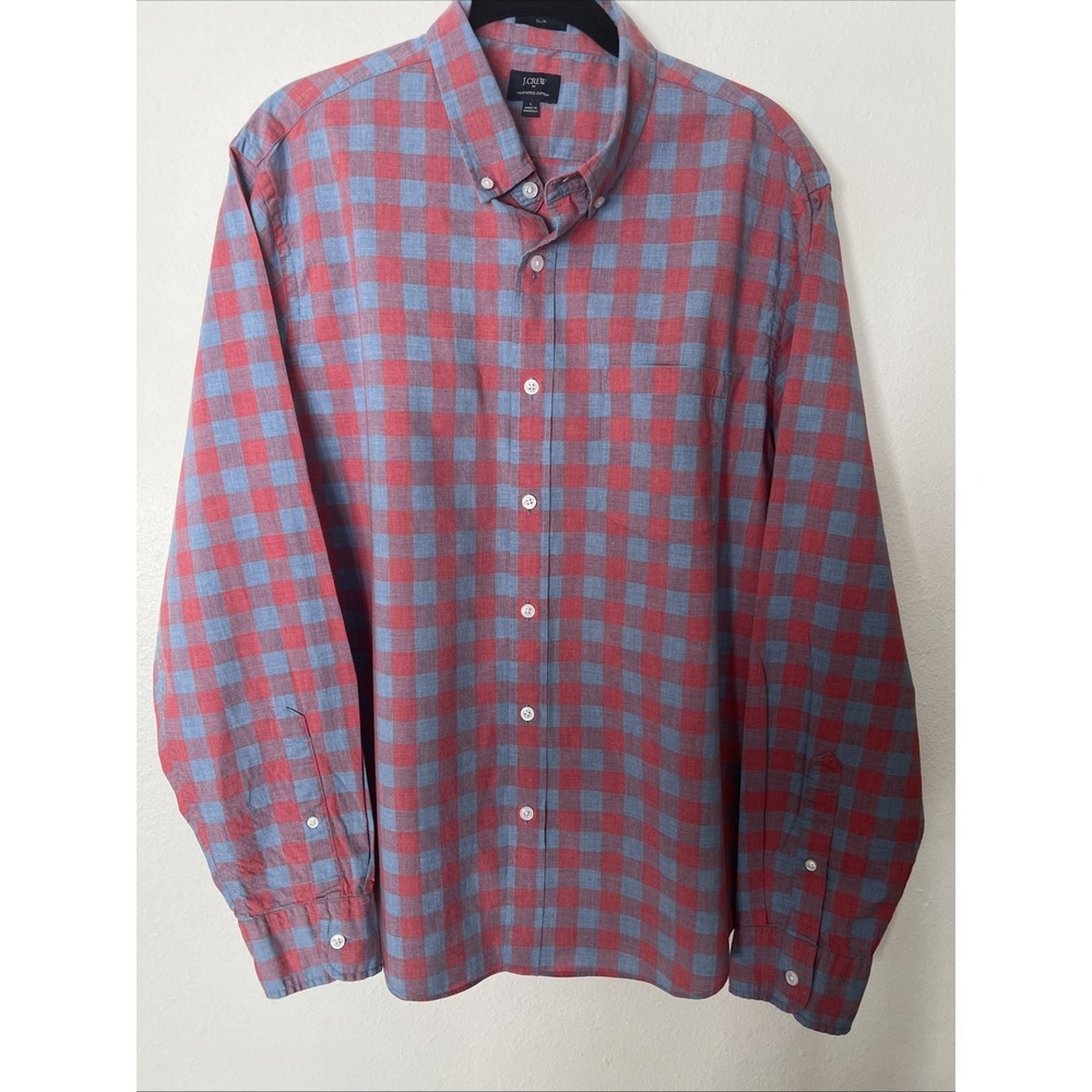 J Crew Mens Red Blue Check Button Down Shirt Sz Large Heathered Cotton Slim Fit